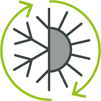 icône grise et verte qui représente la pompe à chaleur : un mélange d'un flocon et d'un soleil
